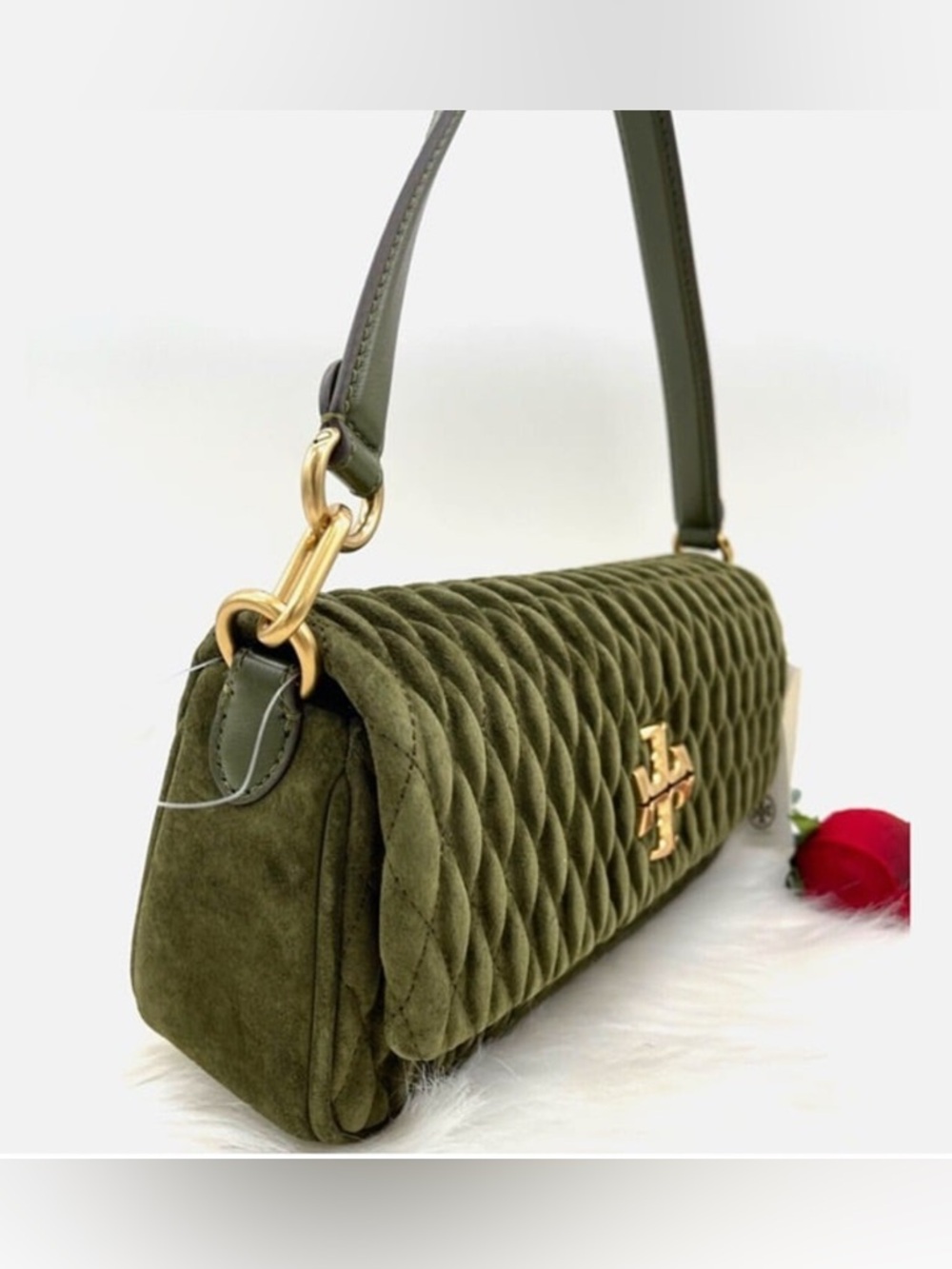 Tory Burch Olive Quilted Suede Shoulder Bag with Gold Logo - Picture 6 of 9